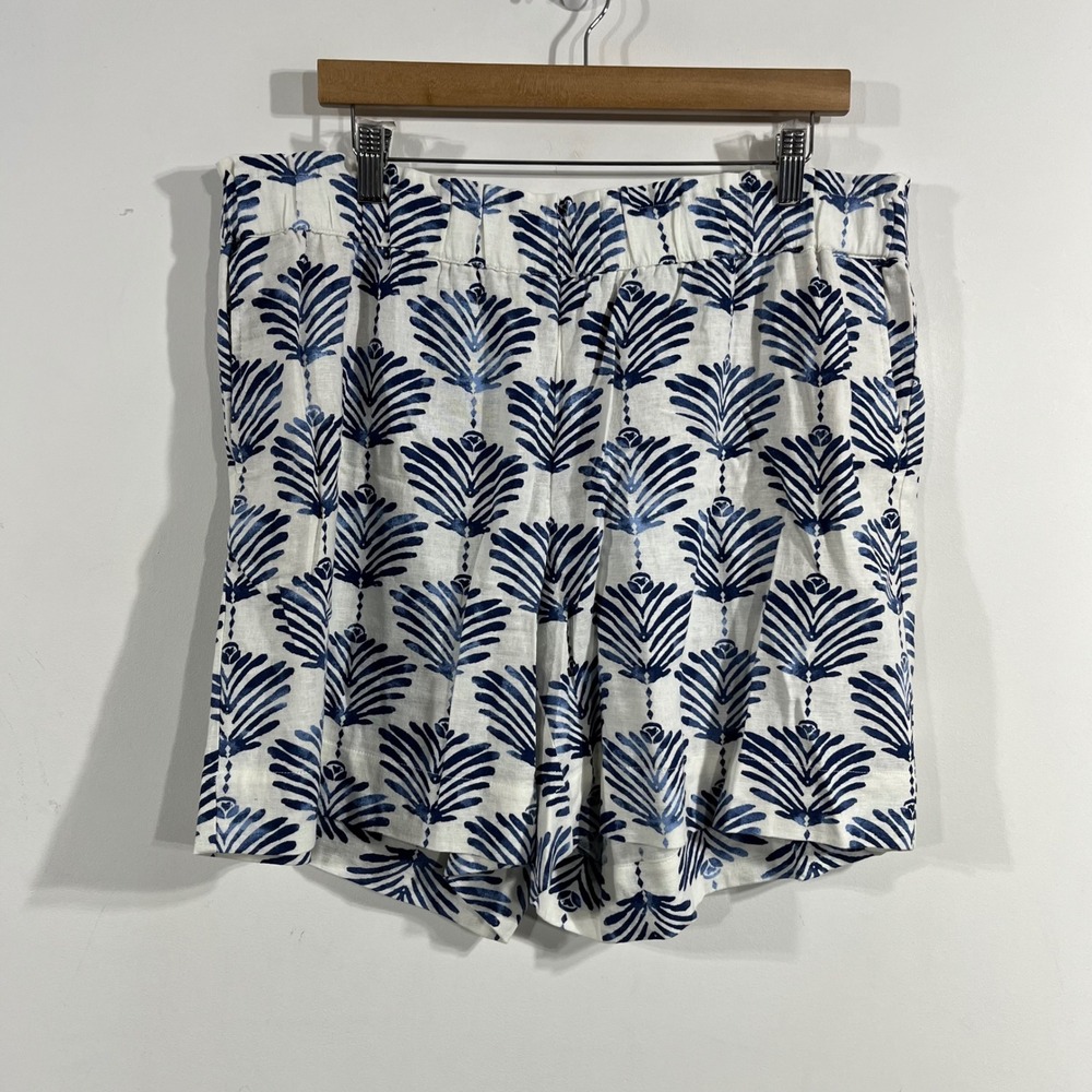 J. Jill Resort Linen Blend Botanical Palm Print Shorts Blue XL Petite NWT Boho